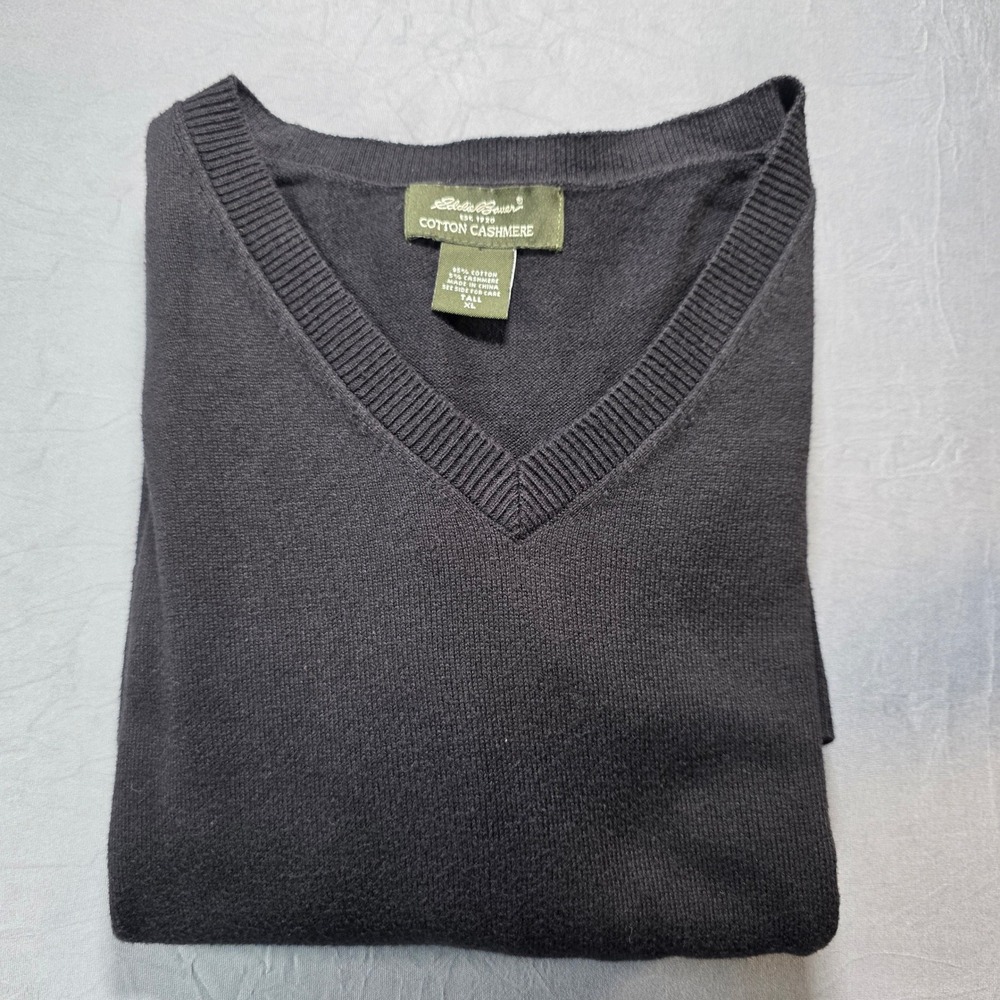 Eddie‎ Bauer Mens Black Cotton Cashmere V-Neck Sweater XL Tall Knit Pullover